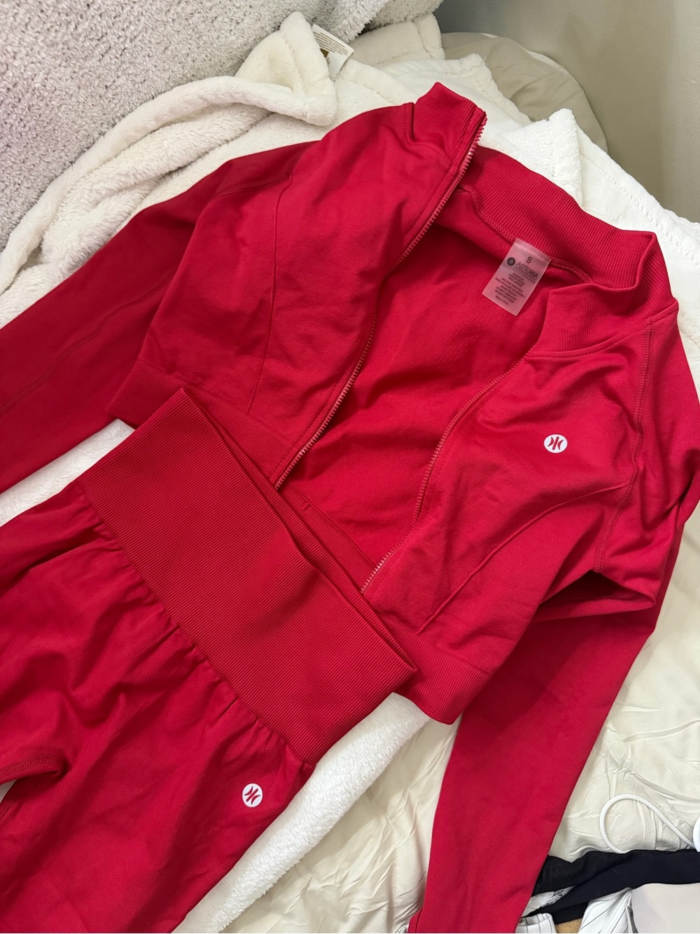 Women's Red Zip-Front Active Crop Jacket and High-Waist Set